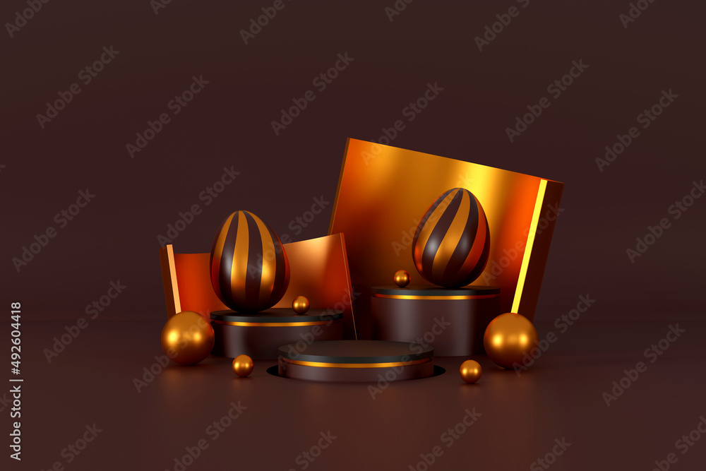 delicious chocolate easter eggs and golden ball on podium in dark background. easter day concept scene stage showcase for new product, promotion sale, banner, presentation. 3D illustration