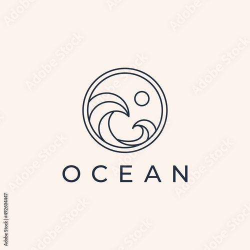 sea ocean Sun Wave line outline Logo Design Template
