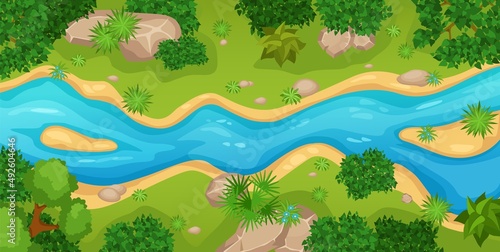 Cartoon top view river landscape with green trees, bushes and stones. Summer nature scene with forest and water stream vector illustration. Riverside with plants, wild environment scene