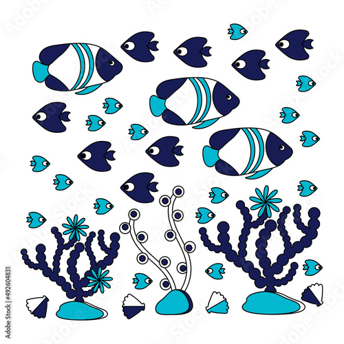 Underwater life. Doodle Marine vector motif on white background . Aquariums. Hand drawn illustration