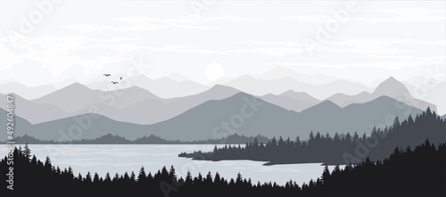 mountain landscape with lake and mountains
