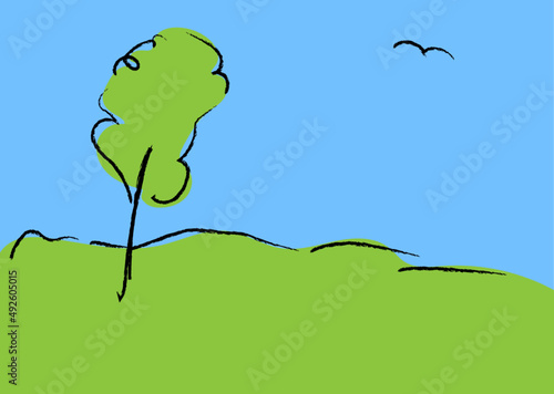 Landschaft mit Baum und Vogel am Himmel, handgezeichnet, Vektorillustration