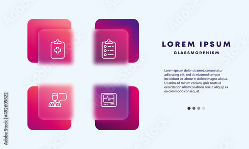 Hospital icons set. Icons of doctor, medical card and medical equipment. Health care concept. Glassmorphism style. Vector line icon for Business and Advertising