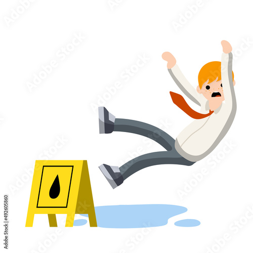 Man slipped on wet floor. Danger and risk. Sliding on puddle of water.