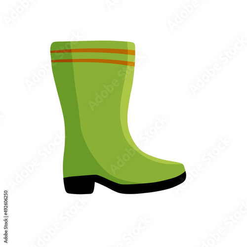 Rubber green boot. Waterproof rain shoes for fishing and gardening. Flat cartoon illustration