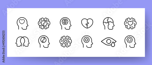 Psychological state icons set. Heartbreak, split personality, healthy thinking and meditation icons. Psychology concept. Vector EPS 10