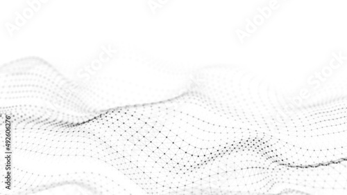 Digital dynamic wave of particles. Abstract white futuristic background. Big data visualization. 3D rendering.