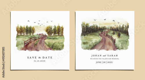 Watercolor wedding invitation of morning nature landscape with road and fence