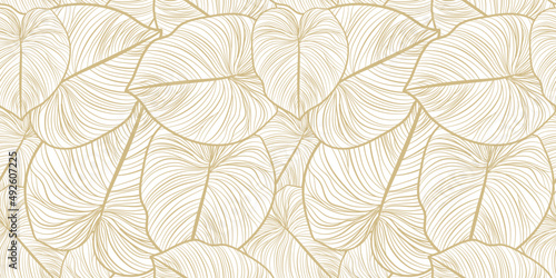 Luxury and nature green background vector. Floral pattern, split-leaf Philodendron with plant line arts, Vector illustration.