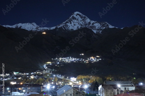 Beautiful night view Qazbegi Mountain valley Georigia  photo