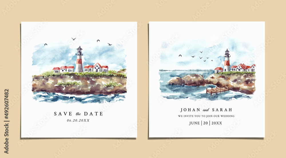 Watercolor wedding invitation of nature landscape with lighthouse and sea cliff
