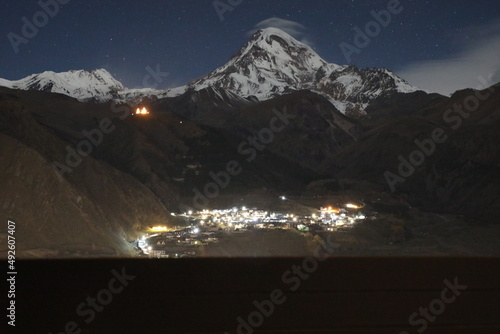 Beautiful night view Qazbegi Mountain valley Georigia  photo