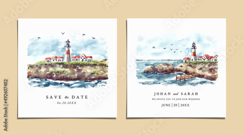 Watercolor wedding invitation of nature landscape with lighthouse and sea cliff