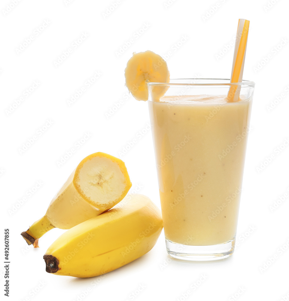 Glass of healthy banana smoothie on white background Glass of healthy banana smoothie on white background
