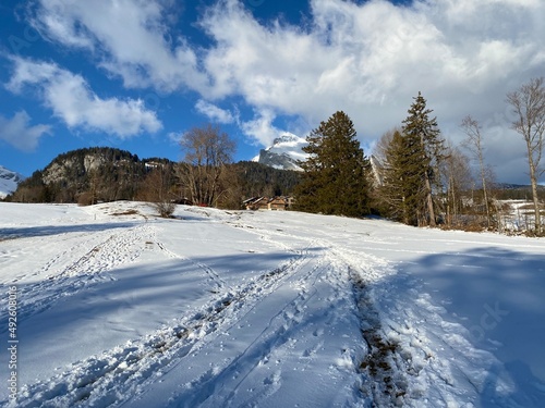 Wonderful winter hiking trails and traces on the slopes of the Alpstein mountain range and in the fresh alpine snow cover of the Swiss Alps - Unterwasser, Switzerland (Schweiz)