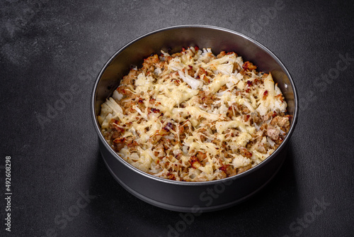 Tasty healthy dish of cauliflower and beef mince baked with lactose-free cheese