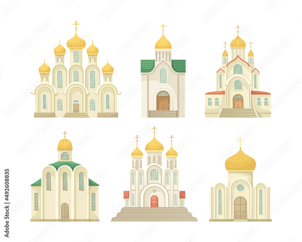 Vector set with illustrations of the Orthodox Christian Church. A religious building. Flat style