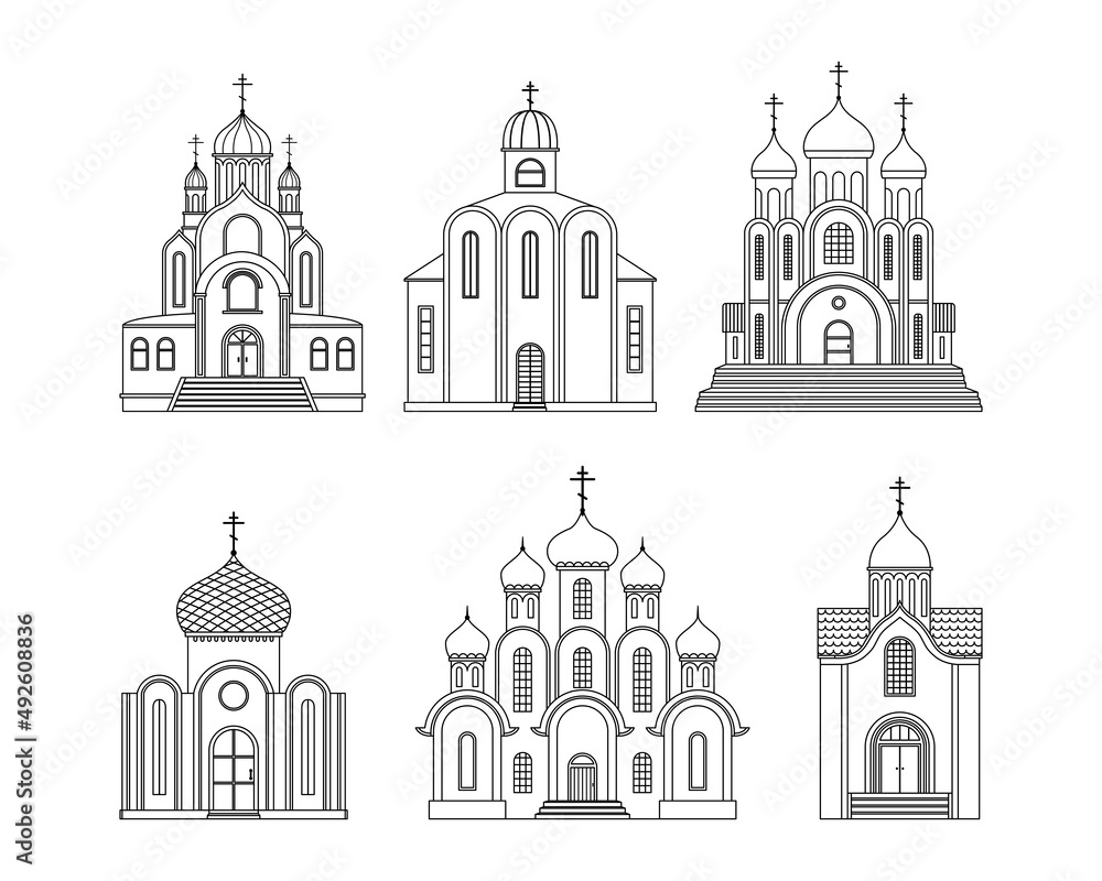 Vector set with illustrations of the Orthodox Christian Church. A religious building. Outline