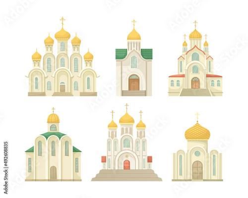 Vector set with illustrations of the Orthodox Christian Church. A religious building. Flat style