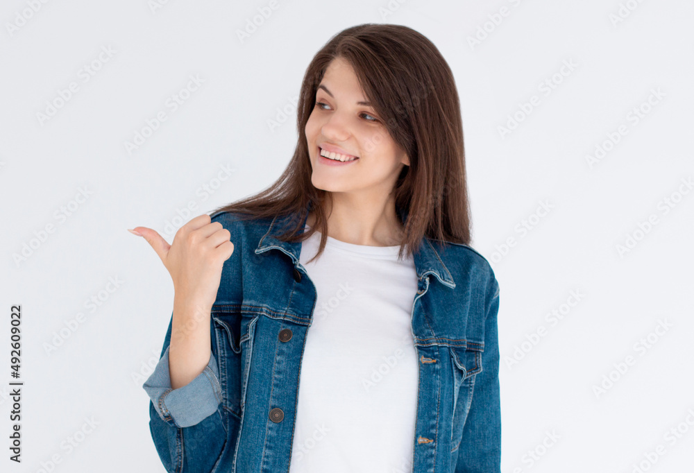 Dreamy and pleased young attractive woman found exactly what need, look and pointing left satisfied with delighted happy smile observe something cool, recommend product, white background Dreamy and pleased young attractive woman found exactly what need, look and pointing left satisfied with delighted happy smile observe something cool, recommend product, white background