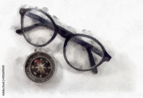 Fototapeta black glasses and compass guiding on white background watercolor style illustration impressionist painting