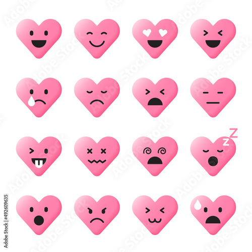Set of Various Cute Cartoon Pink Heart Face Emoji Emotion Emoticon 3D Flat Isolated Sign Symbol