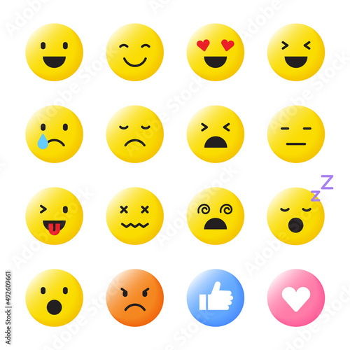 Set of Various Cute Cartoon Yellow Face Emoji Emotion Emoticon 3D Flat Isolated Sign Symbol
