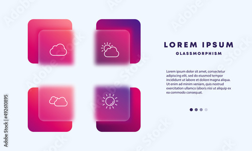Weather icons set. Icons cloudy weather, sunny weather and increased cloudiness. The concept of weather phenomena. Glassmorphism style. Vector line icon for Business and Advertising