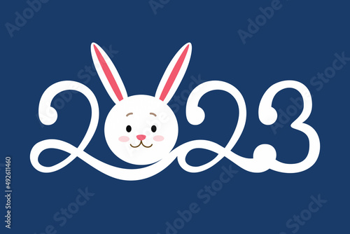 2023 text. Rabbit white small cartoon, head and long ears, symbol of 2023 according to the Chinese calendar. Vector illustration isolated on blue christmas background
