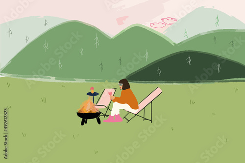 Young stylish woman sitting on sunbed near fireplace, having a picnic and enjoying beautiful landscape in the mountains. Concept of escaping to nature and feeling calm in mountains. Vector