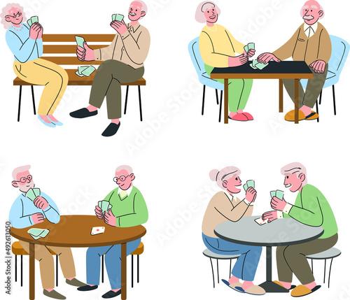 A group of older friends are playing cards. Older men and women spend time together, relaxing and having fun, playing board games, bridge or poker. Cartoon vector illustration