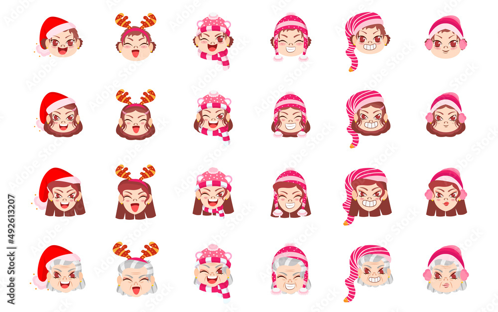 Obraz premium Set red girl christmas emoji cute face vector illustration