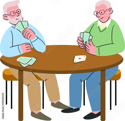 A group of older friends are playing cards. Older men and women spend time together, relaxing and having fun, playing board games, bridge or poker. Cartoon vector illustration