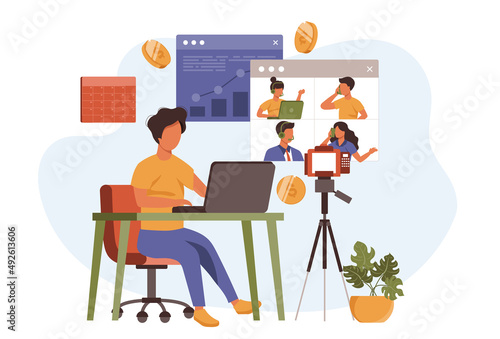 Video business conference vector in flat design. People discuss tasks with colleagues online. Illustration for blogging, website, mobile app, promotional materials.