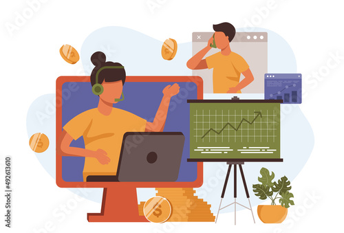 Video business conference vector in flat design. People discuss tasks with colleagues online. Illustration for blogging, website, mobile app, promotional materials.