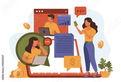 Video business conference vector in flat design. People discuss tasks with colleagues online. Illustration for blogging, website, mobile app, promotional materials.