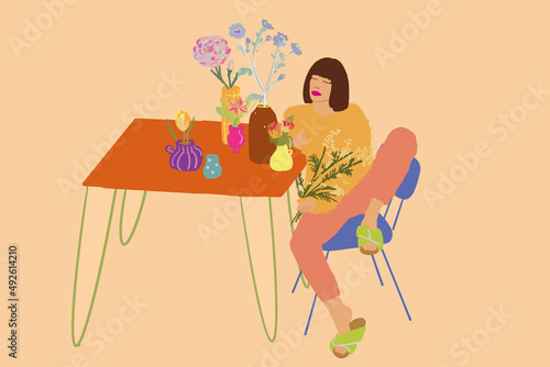 Beautiful woman sitting relaxed by the table decorated with different flowers on background. Beauty and flower decoration concept. Vector illustration