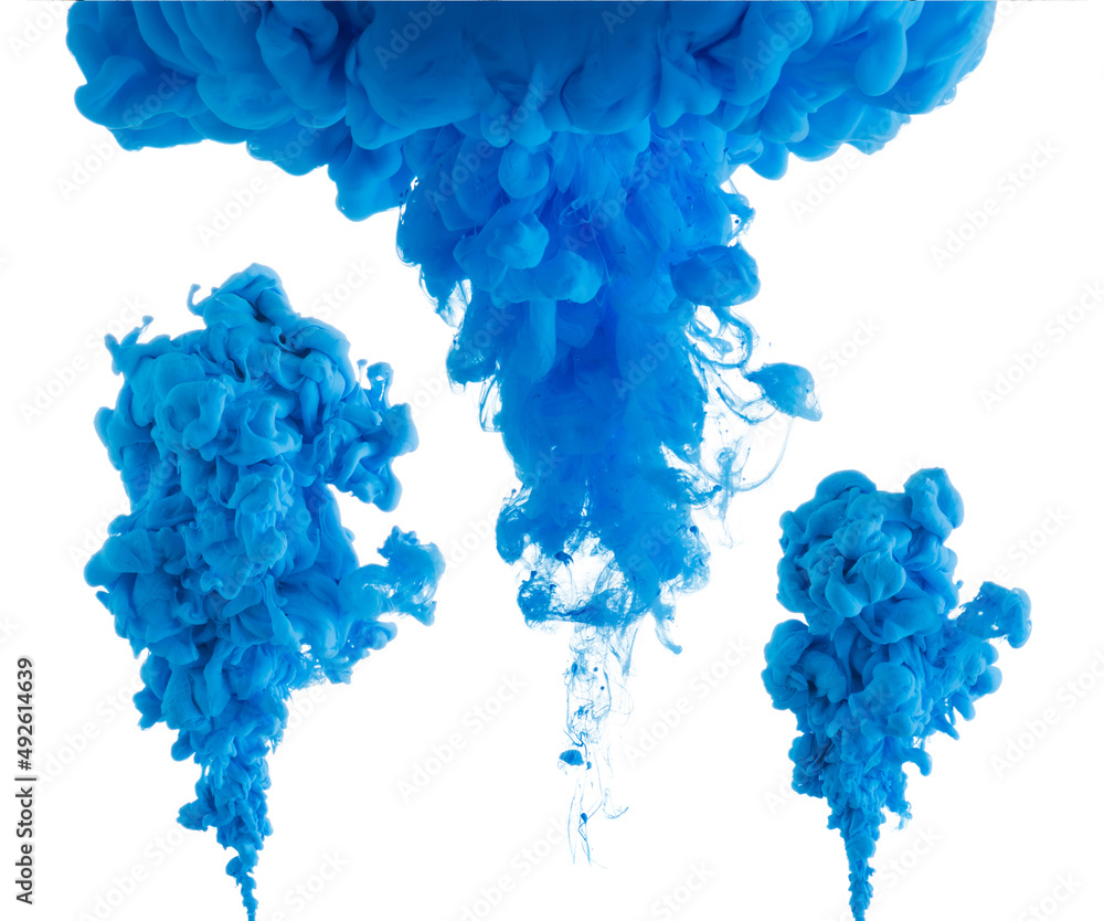 Blue ink paint clouds pouring in water isolated on white background