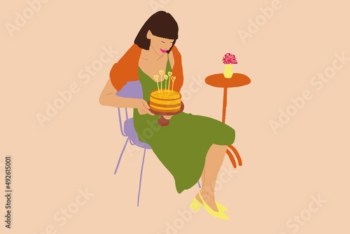 Beautiful woman in dress sitting with birthday cake alone. Concept of style and celebration holidays. Vector illustration