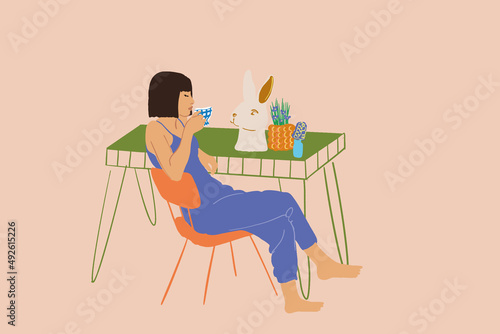 Young stylish woman having a breakfast, sitting relaxed by the table and drinking coffee at home. Concept of home coziness and style. Vector illustration