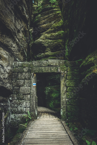 Fototapeta Naklejka Na Ścianę i Meble -  Teplicke Skaly, a rock town in the Czech Republic, an educational trail through the sandstone labyrinth.