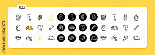 Fast food icons set. Pie, kebab, shawarma, popcorn and croissant icons. The concept of unhealthy food. Vector EPS 10