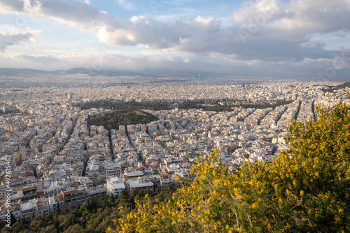 Athens Greek capital seen from above. Bird's eye view from Acropolis over the city with white houses, towers. © Seraina