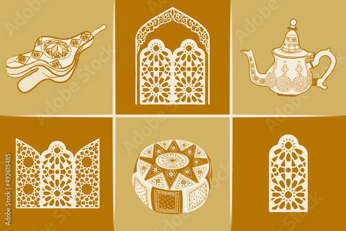 Moroccan cultural symbols SET. Morocco travel collection of icons Vector isolated illustration, Terracotta colors	
