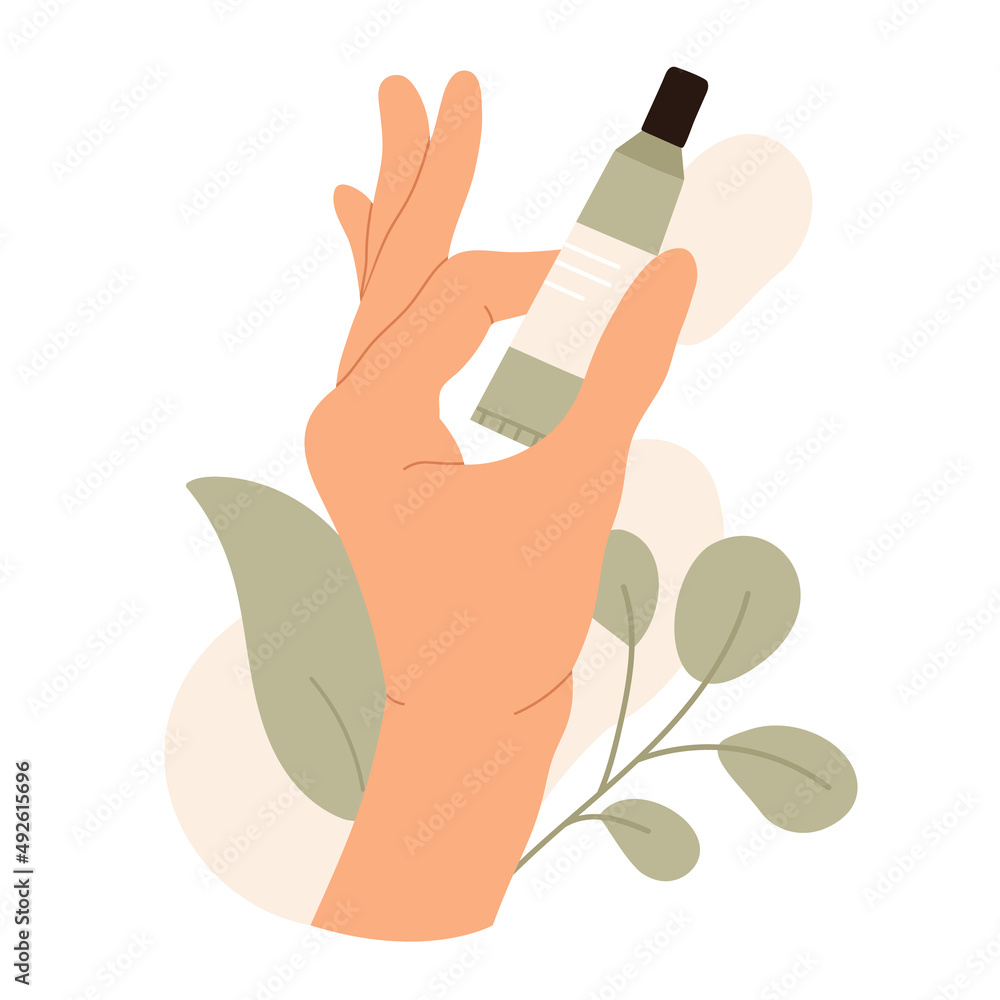 Obraz premium Woman's hand holding natural organic cosmetic with leaves. Eco beauty product in bottles in eco friendly packaging. Skin care routine. Vector illustration in cartoon style. Isolated white background.