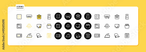 Household appliances icons set. Icons refrigerator, stove, microwave, vacuum cleaner, iron and multicooker. Technology concept. Vector EPS 10