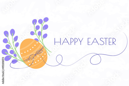 Postcard with easter egg and flowers, happy easter greeting lettering