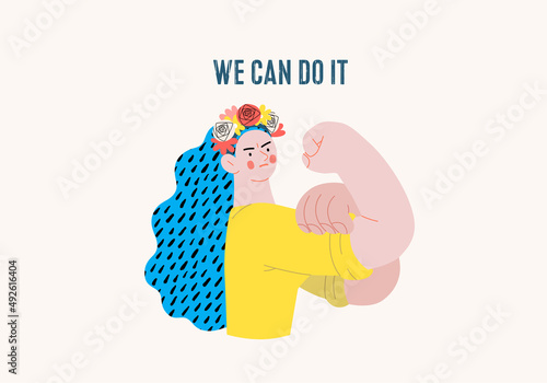 War and peace - We can do it -modern flat vector concept digital illustration of a young Ukranian woman posing with gesture from a famous war poster. Creative anti-war poster.