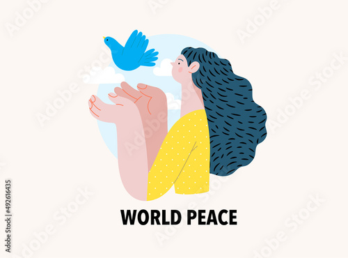 War and peace - Dove of peace -modern flat vector concept digital illustration of young woman releasing a dove. Ukranian flag colored illustartion. Creative anti-war poster.