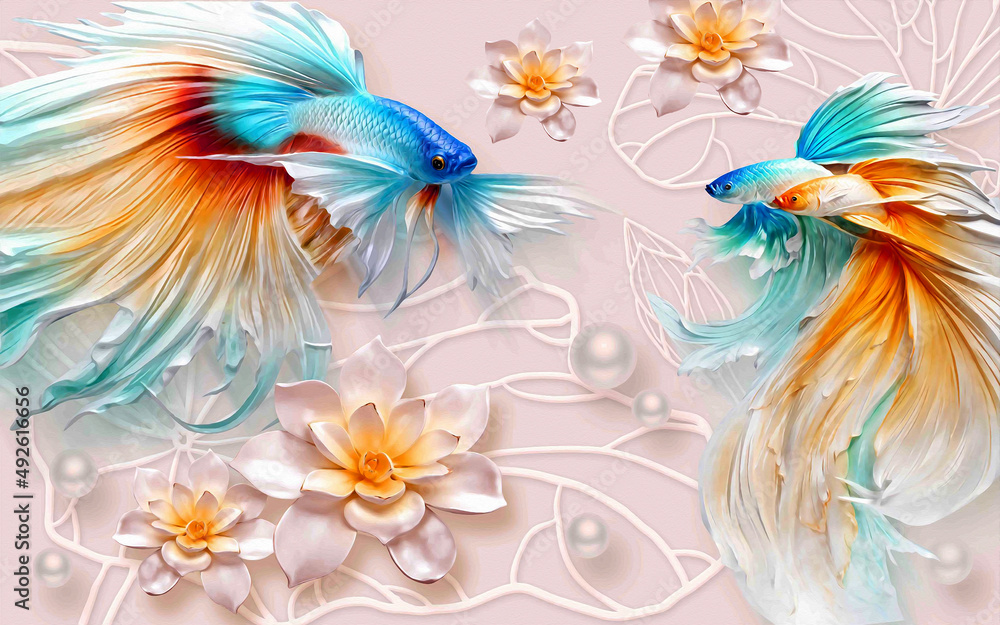 3d wallpaper beautiful fish and lotus flower and pearl fantastic design